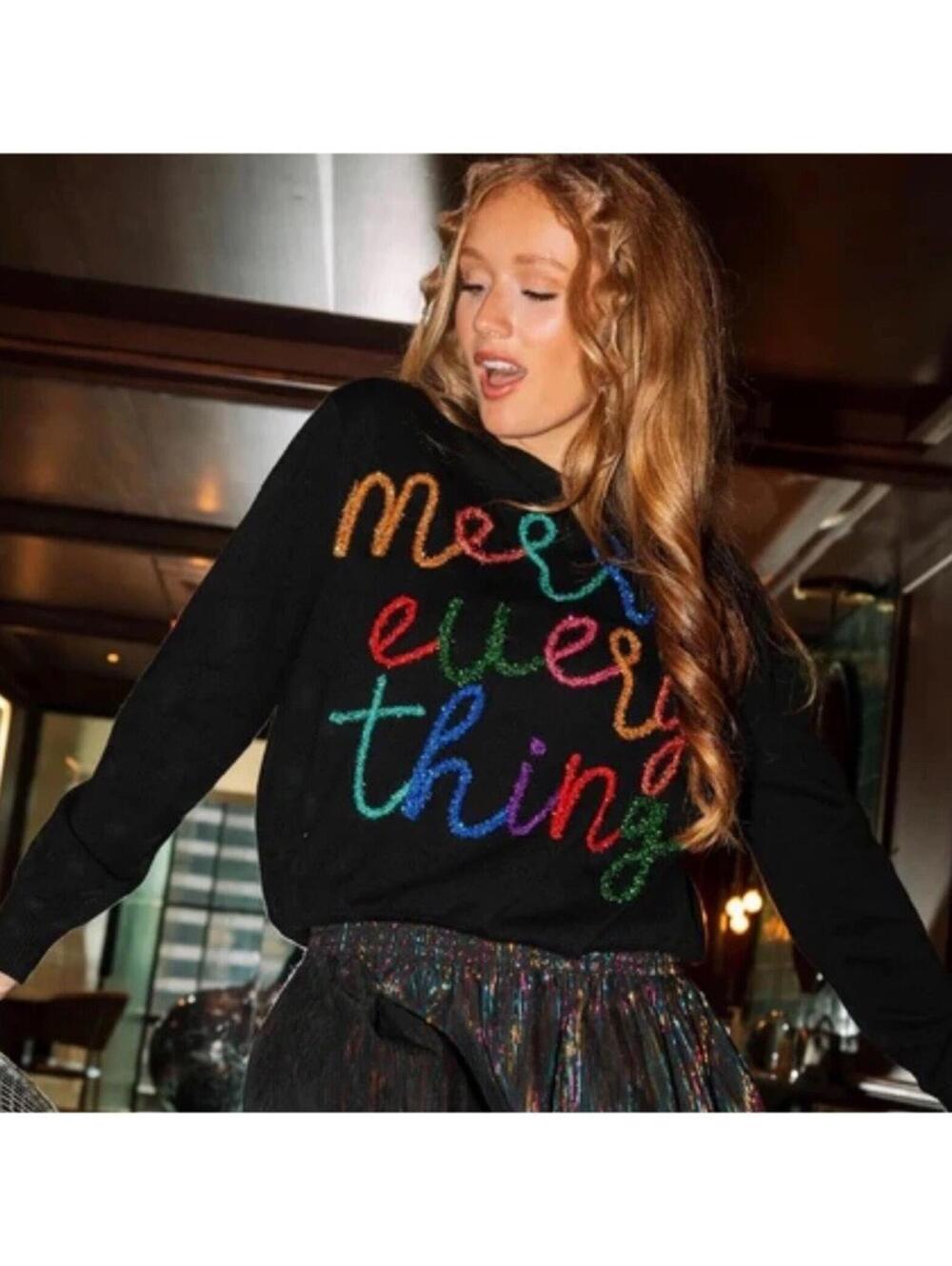 Queen of Sparkles Merry Every Thing Sweater Holiday Christmas Rainbow Text S H97